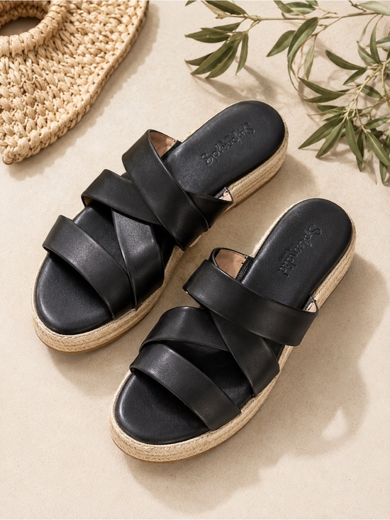 Splendid Shoes - Splendid Black Leather Espadrille Slide Sandals Coastal Quiet Luxury
